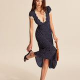 Noralisse | Polka Dot Midi Dress with Lace Details and Puff Sleeves