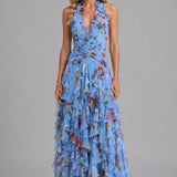 Felicity | Women's Maxi Dress with Halter V-Neck and Tiered Ruffle Skirt