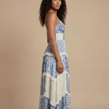 Helena | Layered ruffle maxi evening dress with open back