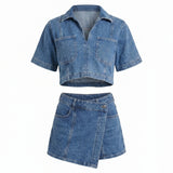 Poppy | Denim Co-ord Set with Cropped Blouse and Wrap Skort