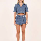 Poppy | Denim Co-ord Set with Cropped Blouse and Wrap Skort