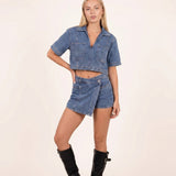 Poppy | Denim Co-ord Set with Cropped Blouse and Wrap Skort