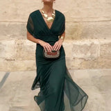 Eleanor | V-Neck Wrap Maxi Dress with Sheer Chiffon Sleeves