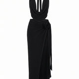 Evelyn | Halter neck maxi evening dress with slit and open back