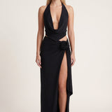 Evelyn | Halter neck maxi evening dress with slit and open back
