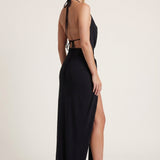 Evelyn | Halter neck maxi evening dress with slit and open back