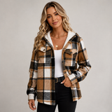 Women's Hooded Check Shacket with Fleece Lining – Button-Front Winter Shirt Jacket