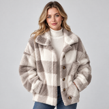 Women's Check Borg Fleece Shacket – Oversized Button-Front Winter Jacket
