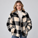 Women's Check Borg Fleece Shacket – Oversized Button-Front Winter Jacket