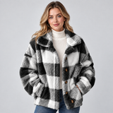 Women's Check Borg Fleece Shacket – Oversized Button-Front Winter Jacket