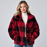 Women's Check Borg Fleece Shacket – Oversized Button-Front Winter Jacket