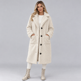 Women's Longline Teddy Coat with Lapel Collar – Borg Button-Front Winter Coat