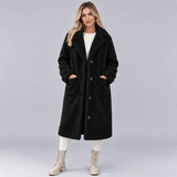 Women's Longline Teddy Coat with Lapel Collar – Borg Button-Front Winter Coat