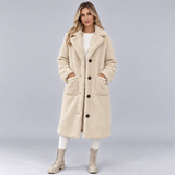 Women's Longline Teddy Coat with Lapel Collar – Borg Button-Front Winter Coat