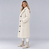 Women's Longline Teddy Coat with Lapel Collar – Borg Button-Front Winter Coat