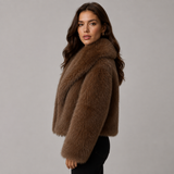 Women's Cropped Faux Fur Jacket with Wide Lapel Collar – Plush Winter Coat