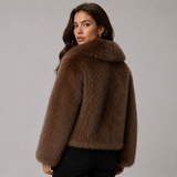 Women's Cropped Faux Fur Jacket with Wide Lapel Collar – Plush Winter Coat