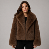 Women's Cropped Faux Fur Jacket with Wide Lapel Collar – Plush Winter Coat