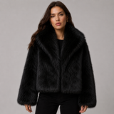 Women's Cropped Faux Fur Jacket with Wide Lapel Collar – Plush Winter Coat