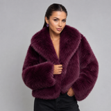 Women's Cropped Faux Fur Jacket with Wide Lapel Collar – Plush Winter Coat