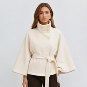 Women's Winter Cape Coat with High Collar and Tie Belt – Wide-Sleeve Wrap Coat