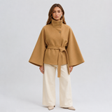 Women's Winter Cape Coat with High Collar and Tie Belt – Wide-Sleeve Wrap Coat