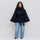 Women's Winter Cape Coat with High Collar and Tie Belt – Wide-Sleeve Wrap Coat