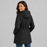Women's Hooded Raincoat with Check Lining – Drawstring Waist Autumn Winter Rain Jacket