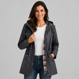Women's Hooded Raincoat with Check Lining – Drawstring Waist Autumn Winter Rain Jacket