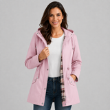 Women's Hooded Raincoat with Check Lining – Drawstring Waist Autumn Winter Rain Jacket