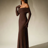Celestara | Strapless brown evening gown with shimmering finish