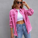 Elvara | Oversized distressed denim jacket with fringing