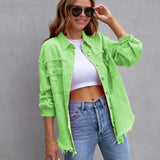Elvara | Oversized distressed denim jacket with fringing