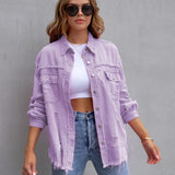 Elvara | Oversized distressed denim jacket with fringing
