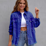 Elvara | Oversized distressed denim jacket with fringing