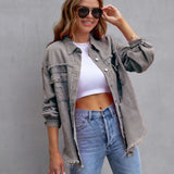 Elvara | Oversized distressed denim jacket with fringing