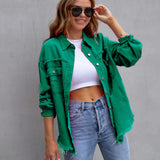 Elvara | Oversized distressed denim jacket with fringing