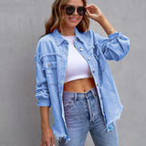 Elvara | Oversized distressed denim jacket with fringing