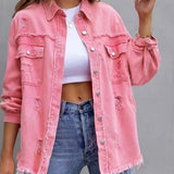 Elvara | Oversized distressed denim jacket with fringing