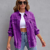 Elvara | Oversized distressed denim jacket with fringing