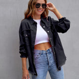Elvara | Oversized distressed denim jacket with fringing