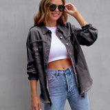 Elvara | Oversized distressed denim jacket with fringing