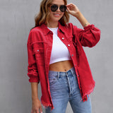 Elvara | Oversized distressed denim jacket with fringing