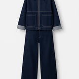 Phoebe | Denim Set with Boxy Zip Jacket & Straight Trousers with Turned-Up Hem
