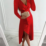 Matilda | Long Sleeve V-Neck Split Dress – Elegant Gathered Hem Midi Dress
