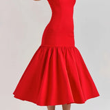 Genevieve | Elegant Red Midi Dress with Ruffle Details