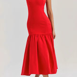 Genevieve | Elegant Red Midi Dress with Ruffle Details