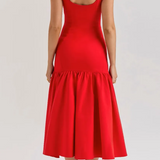 Genevieve | Elegant Red Midi Dress with Ruffle Details