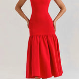Genevieve | Elegant Red Midi Dress with Ruffle Details