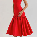 Genevieve | Elegant Red Midi Dress with Ruffle Details